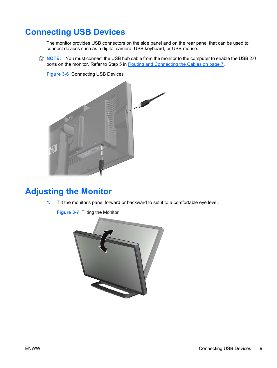 Connecting usb devices, Adjusting the monitor, Connecting usb devices adjusting the monitor | HP ZR24w 24-inch S-IPS LCD Monitor User Manual | Page 17 / 53