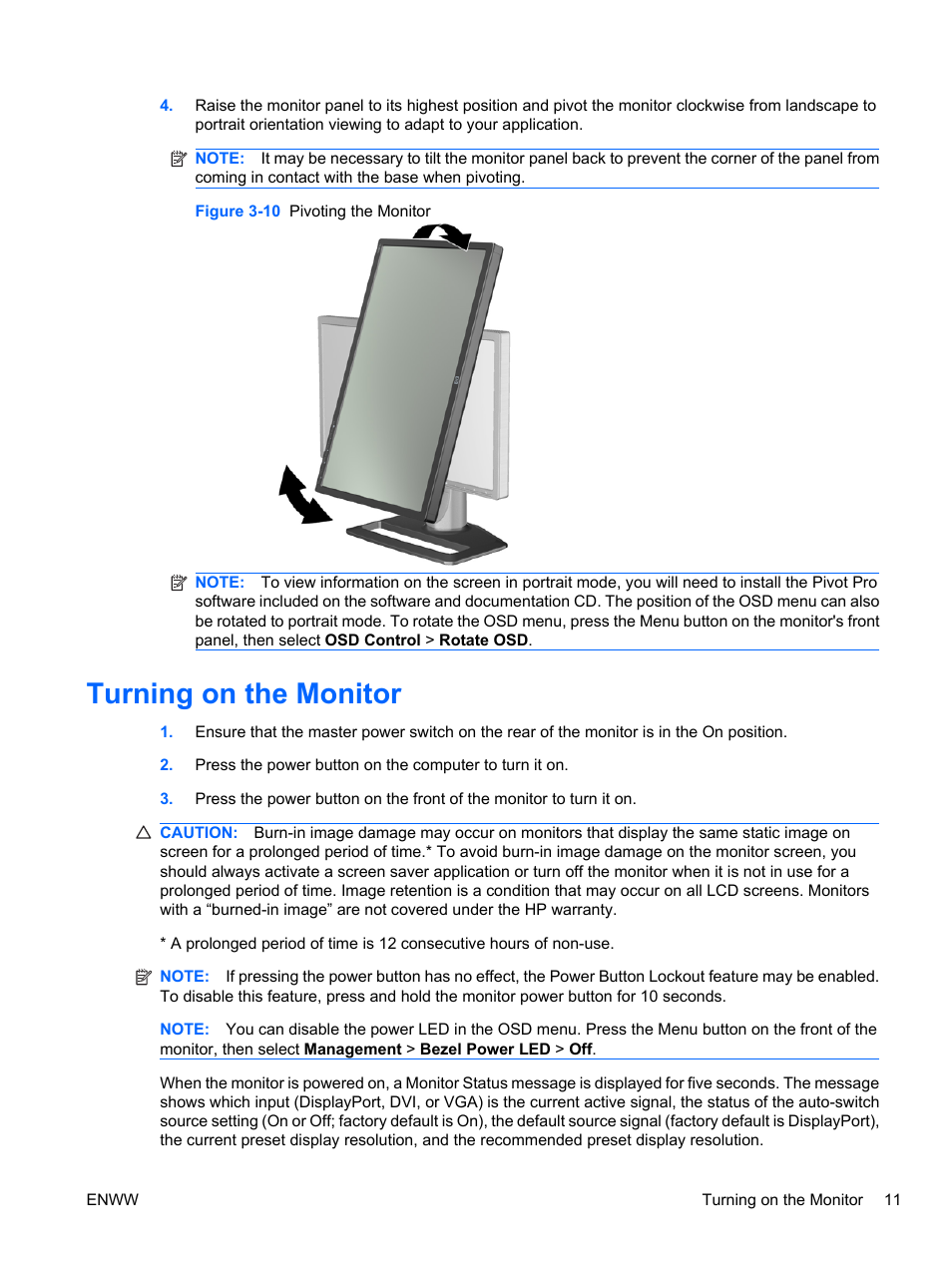Turning on the monitor | HP ZR24w 24-inch S-IPS LCD Monitor User Manual | Page 19 / 53