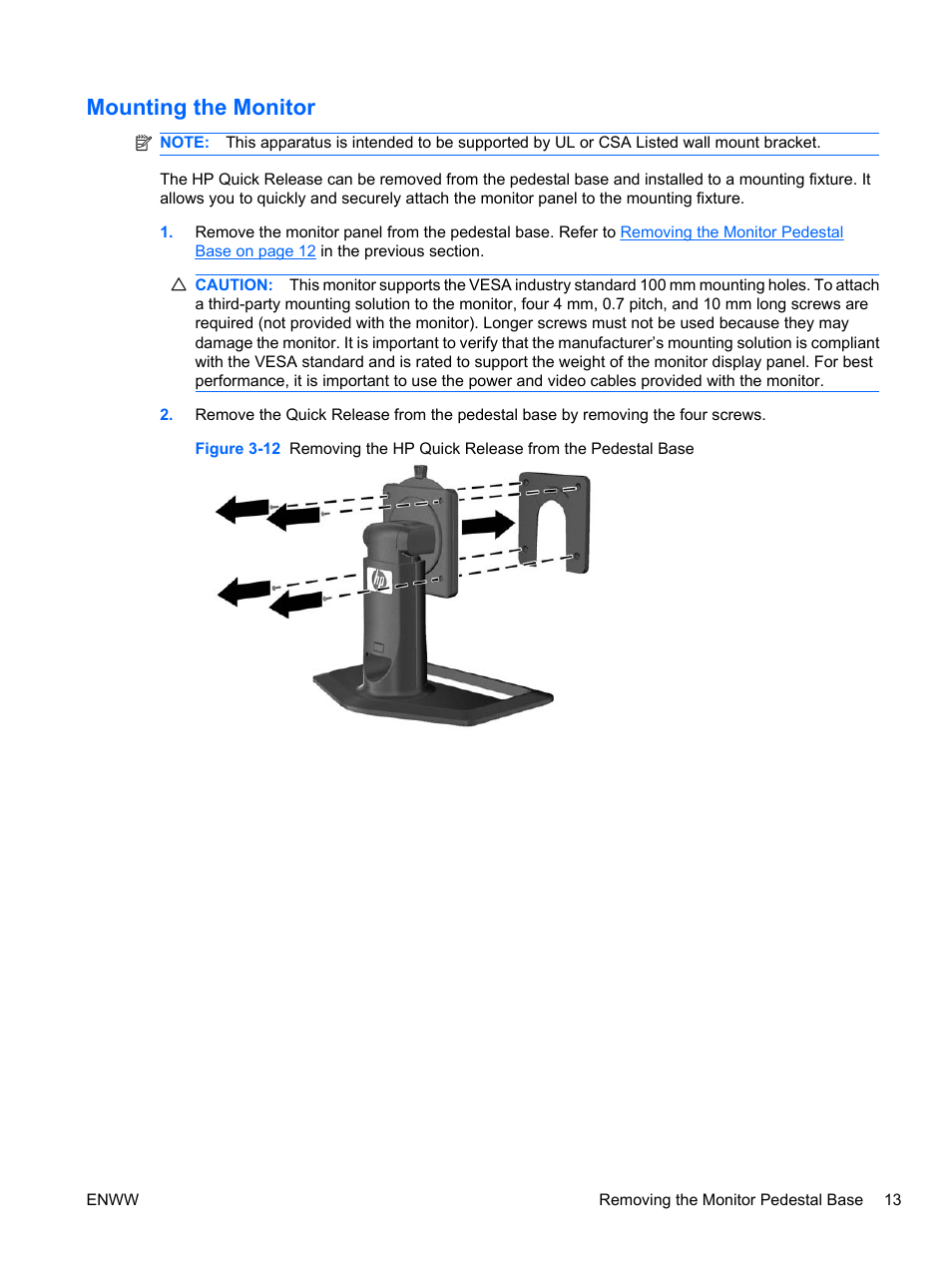Mounting the monitor | HP ZR24w 24-inch S-IPS LCD Monitor User Manual | Page 21 / 53