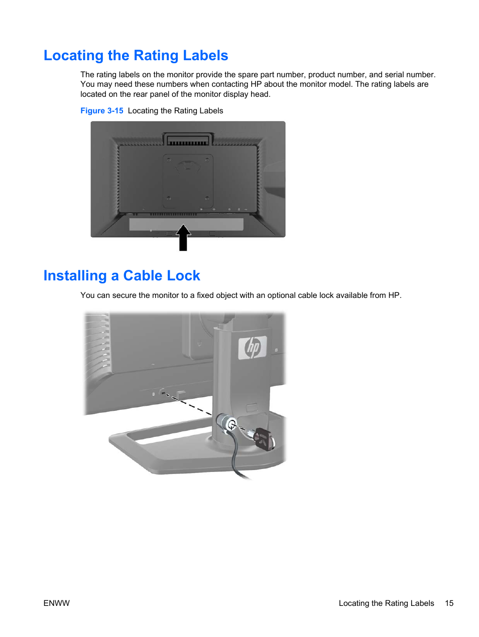Locating the rating labels, Installing a cable lock, Locating the rating labels installing a cable lock | HP ZR24w 24-inch S-IPS LCD Monitor User Manual | Page 23 / 53