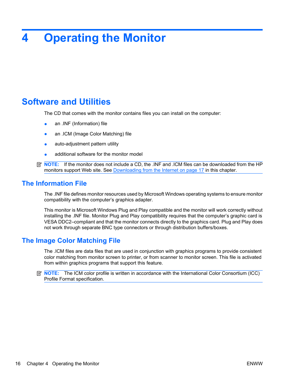 Operating the monitor, Software and utilities, The information file | The image color matching file, 4 operating the monitor, The information file the image color matching file, 4operating the monitor | HP ZR24w 24-inch S-IPS LCD Monitor User Manual | Page 24 / 53