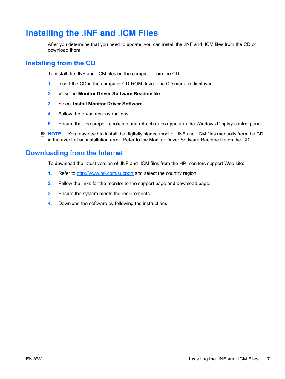Installing the .inf and .icm files, Installing from the cd, Downloading from the internet | HP ZR24w 24-inch S-IPS LCD Monitor User Manual | Page 25 / 53
