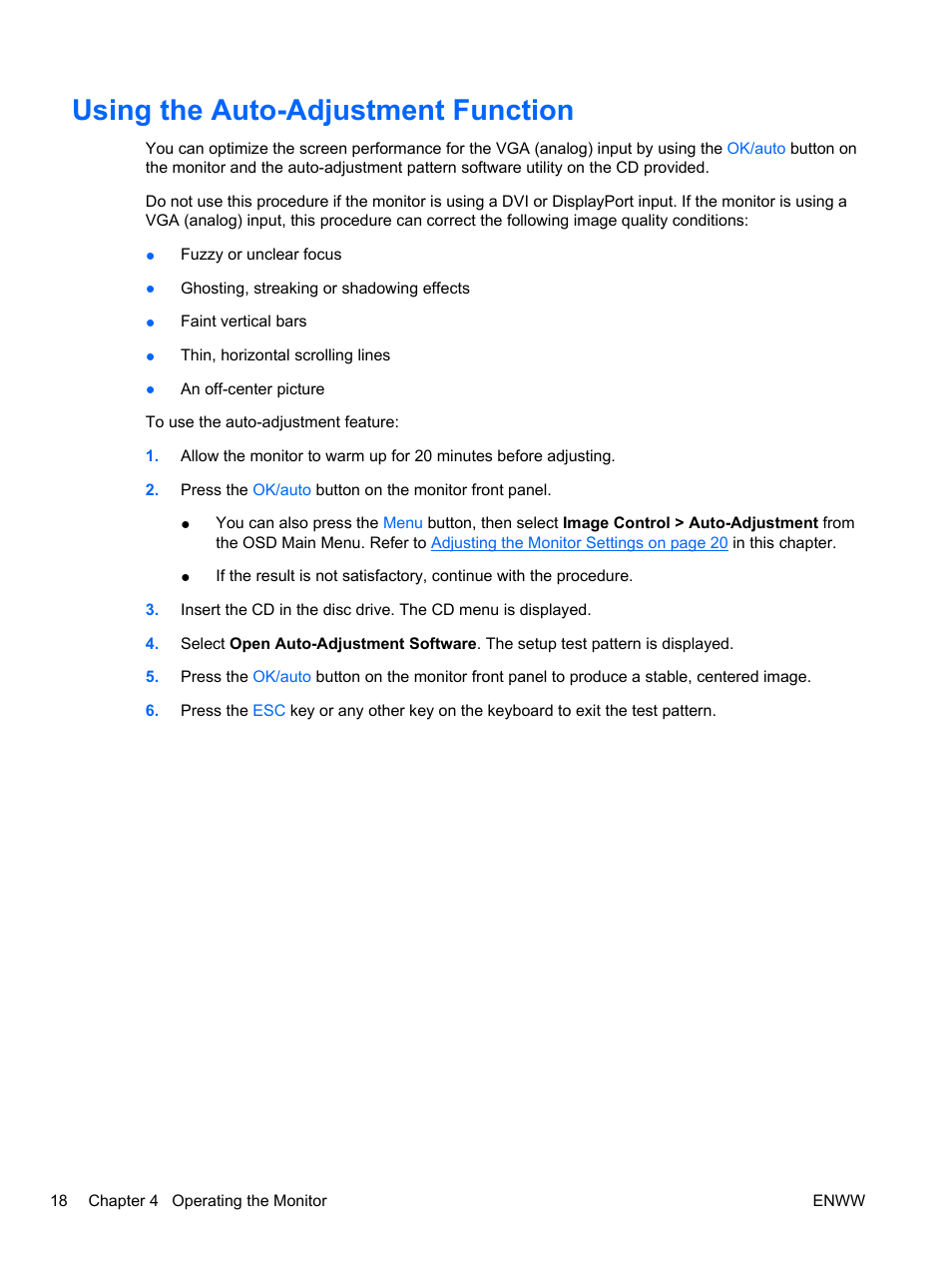 Using the auto-adjustment function | HP ZR24w 24-inch S-IPS LCD Monitor User Manual | Page 26 / 53