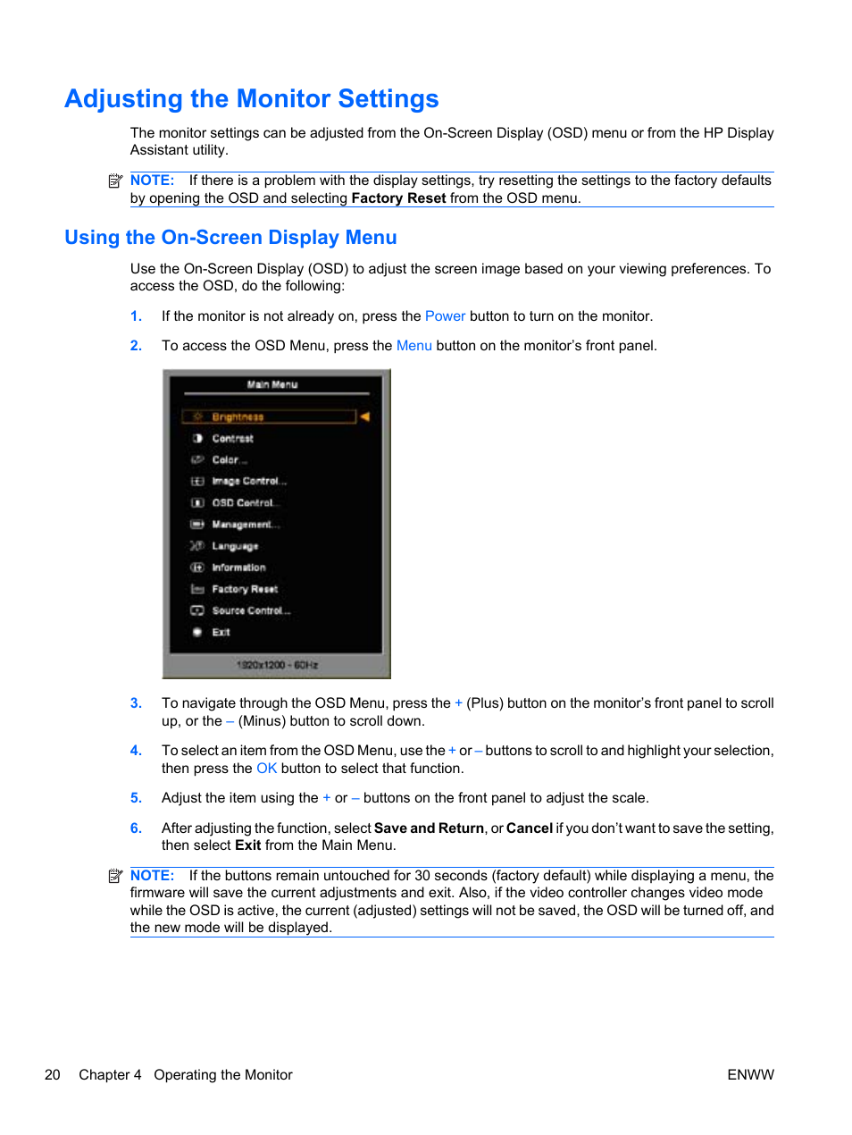 Adjusting the monitor settings, Using the on-screen display menu | HP ZR24w 24-inch S-IPS LCD Monitor User Manual | Page 28 / 53