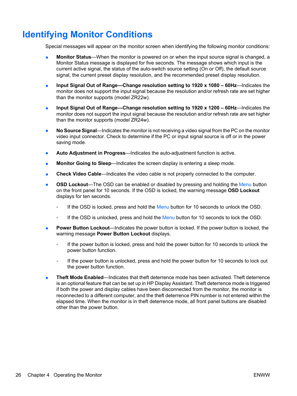 Identifying monitor conditions | HP ZR24w 24-inch S-IPS LCD Monitor User Manual | Page 34 / 53