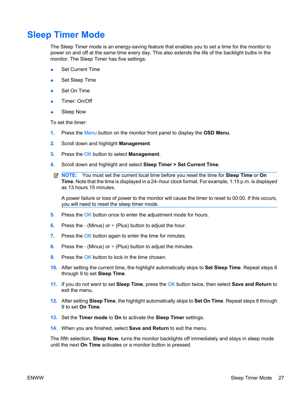 Sleep timer mode | HP ZR24w 24-inch S-IPS LCD Monitor User Manual | Page 35 / 53
