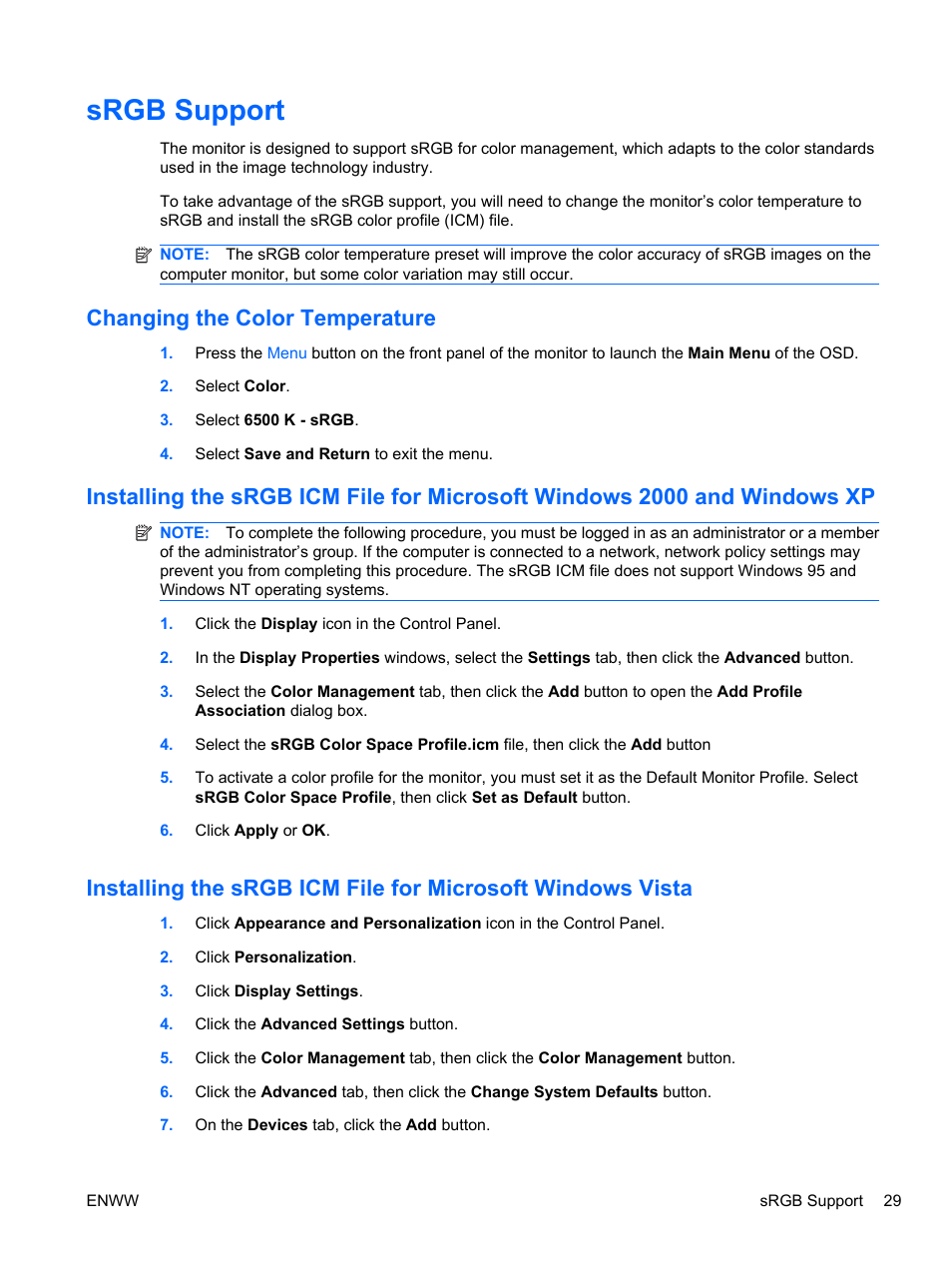 Srgb support, Changing the color temperature | HP ZR24w 24-inch S-IPS LCD Monitor User Manual | Page 37 / 53
