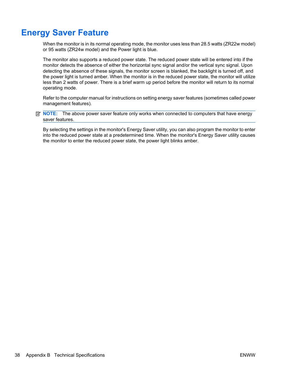 Energy saver feature | HP ZR24w 24-inch S-IPS LCD Monitor User Manual | Page 46 / 53