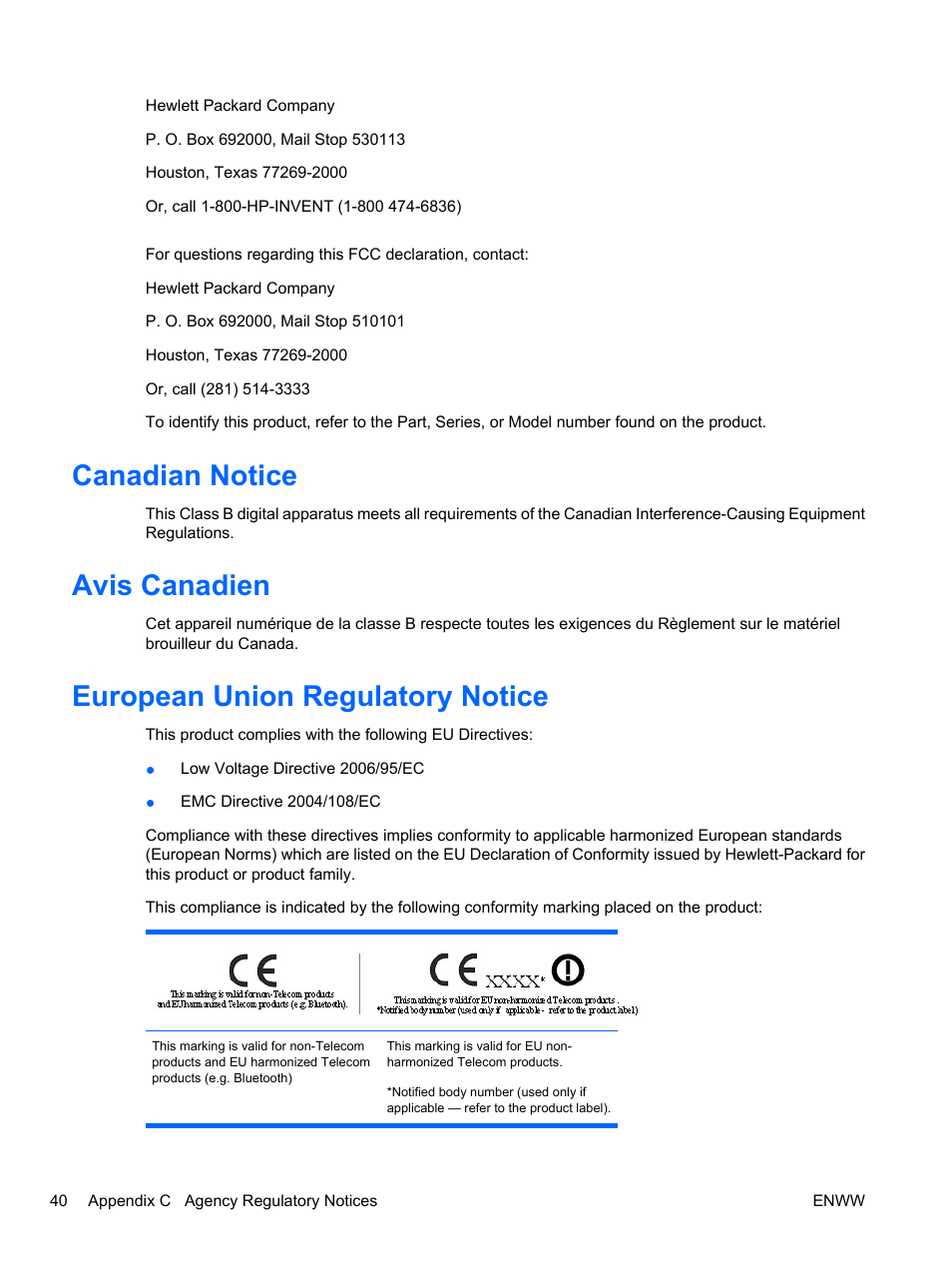 Canadian notice, Avis canadien, European union regulatory notice | HP ZR24w 24-inch S-IPS LCD Monitor User Manual | Page 48 / 53