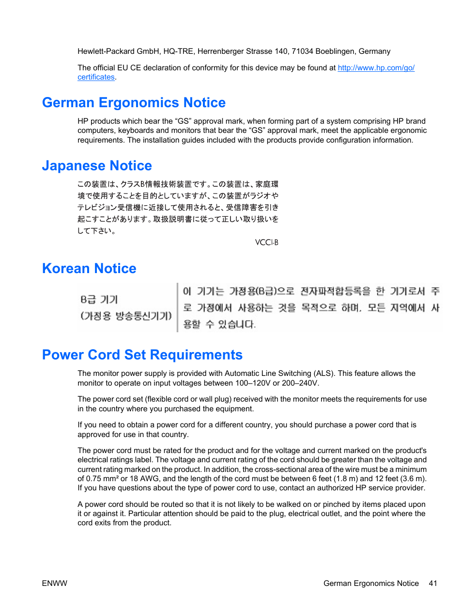 German ergonomics notice, Japanese notice, Korean notice | Power cord set requirements | HP ZR24w 24-inch S-IPS LCD Monitor User Manual | Page 49 / 53