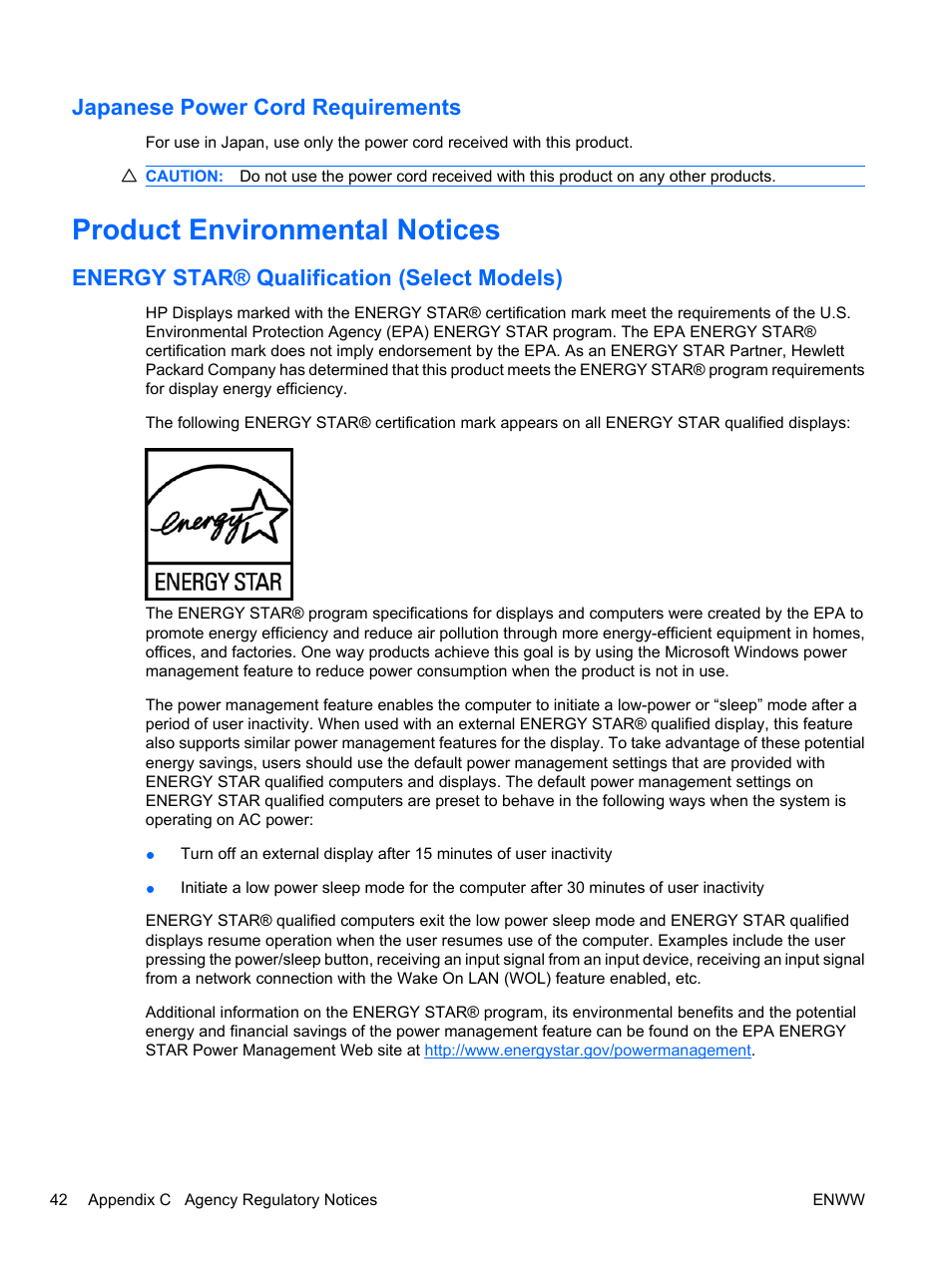 Japanese power cord requirements, Product environmental notices, Energy star® qualification (select models) | HP ZR24w 24-inch S-IPS LCD Monitor User Manual | Page 50 / 53