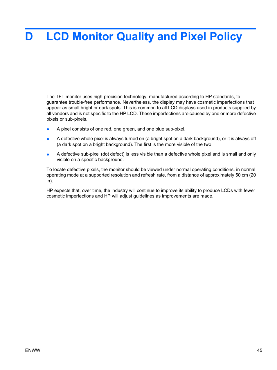 Lcd monitor quality and pixel policy, Dlcd monitor quality and pixel policy | HP ZR24w 24-inch S-IPS LCD Monitor User Manual | Page 53 / 53