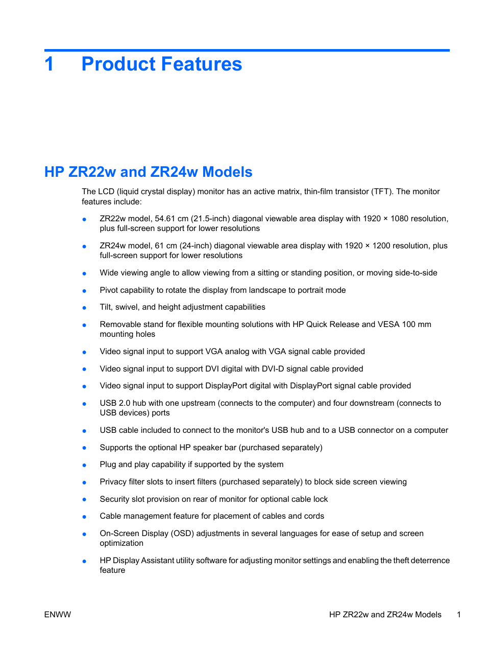 Product features, Hp zr22w and zr24w models, 1 product features | 1product features | HP ZR24w 24-inch S-IPS LCD Monitor User Manual | Page 9 / 53