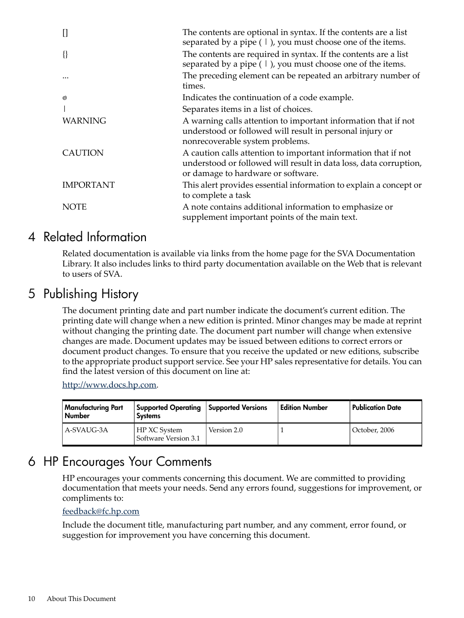 4 related information, 5 publishing history, 6 hp encourages your comments | HP Scalable Visualization Array Software User Manual | Page 10 / 62