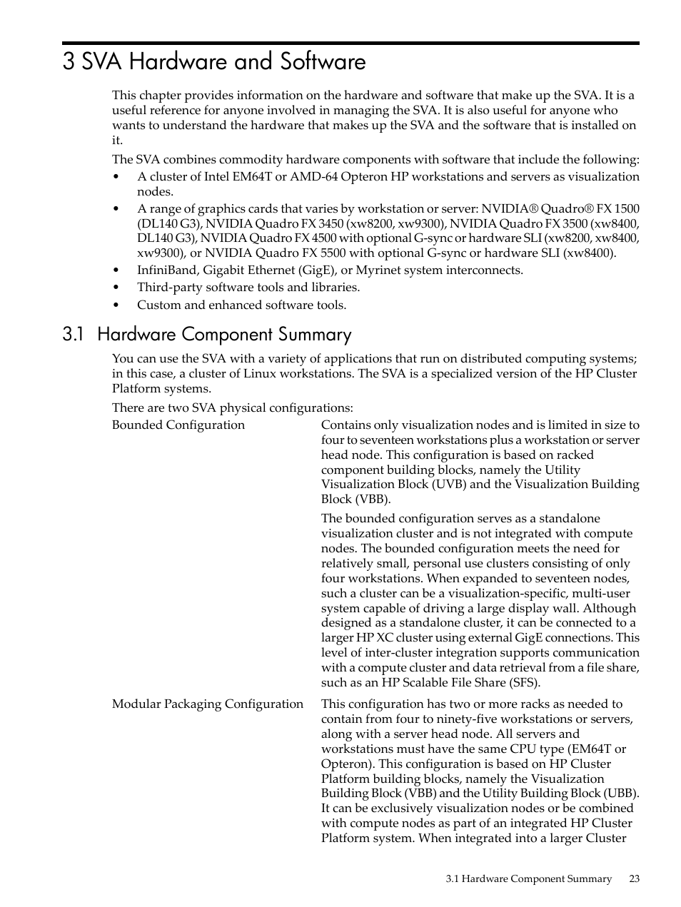 3 sva hardware and software, 1 hardware component summary, Chapter 3 | HP Scalable Visualization Array Software User Manual | Page 23 / 62