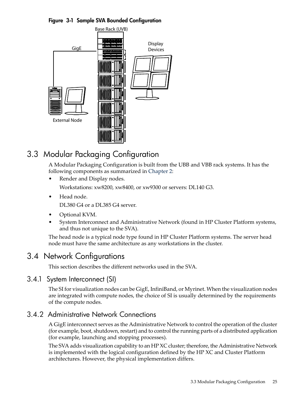 3 modular packaging configuration, 4 network configurations, 1 system interconnect (si) | 2 administrative network connections, Sample sva bounded configuration | HP Scalable Visualization Array Software User Manual | Page 25 / 62