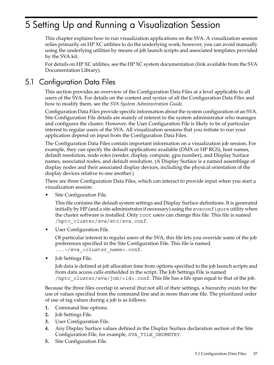 5 setting up and running a visualization session, 1 configuration data files, Chapter 5 | HP Scalable Visualization Array Software User Manual | Page 37 / 62