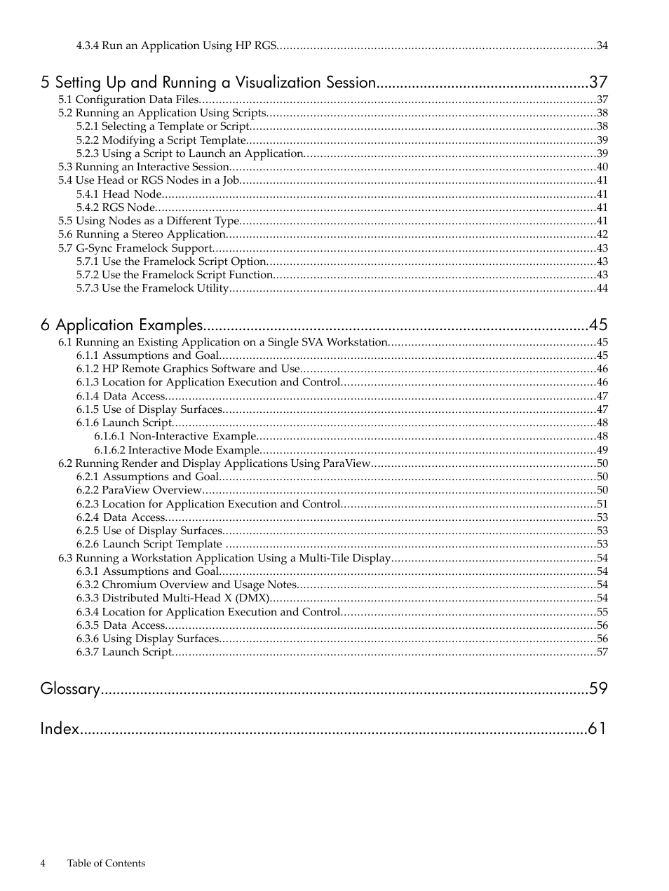 5 setting up and running a visualization session, 6 application examples, Glossary index | HP Scalable Visualization Array Software User Manual | Page 4 / 62