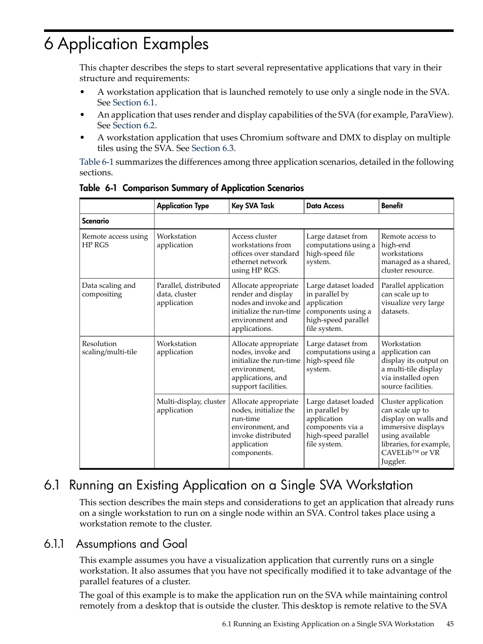 6 application examples, 1 assumptions and goal, Comparison summary of application scenarios | Chapter 6 | HP Scalable Visualization Array Software User Manual | Page 45 / 62