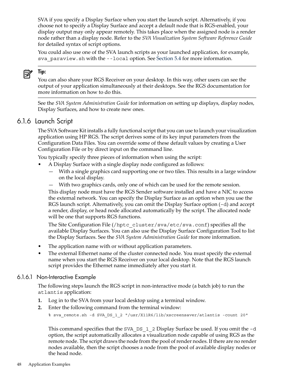 6 launch script, 1 non-interactive example | HP Scalable Visualization Array Software User Manual | Page 48 / 62