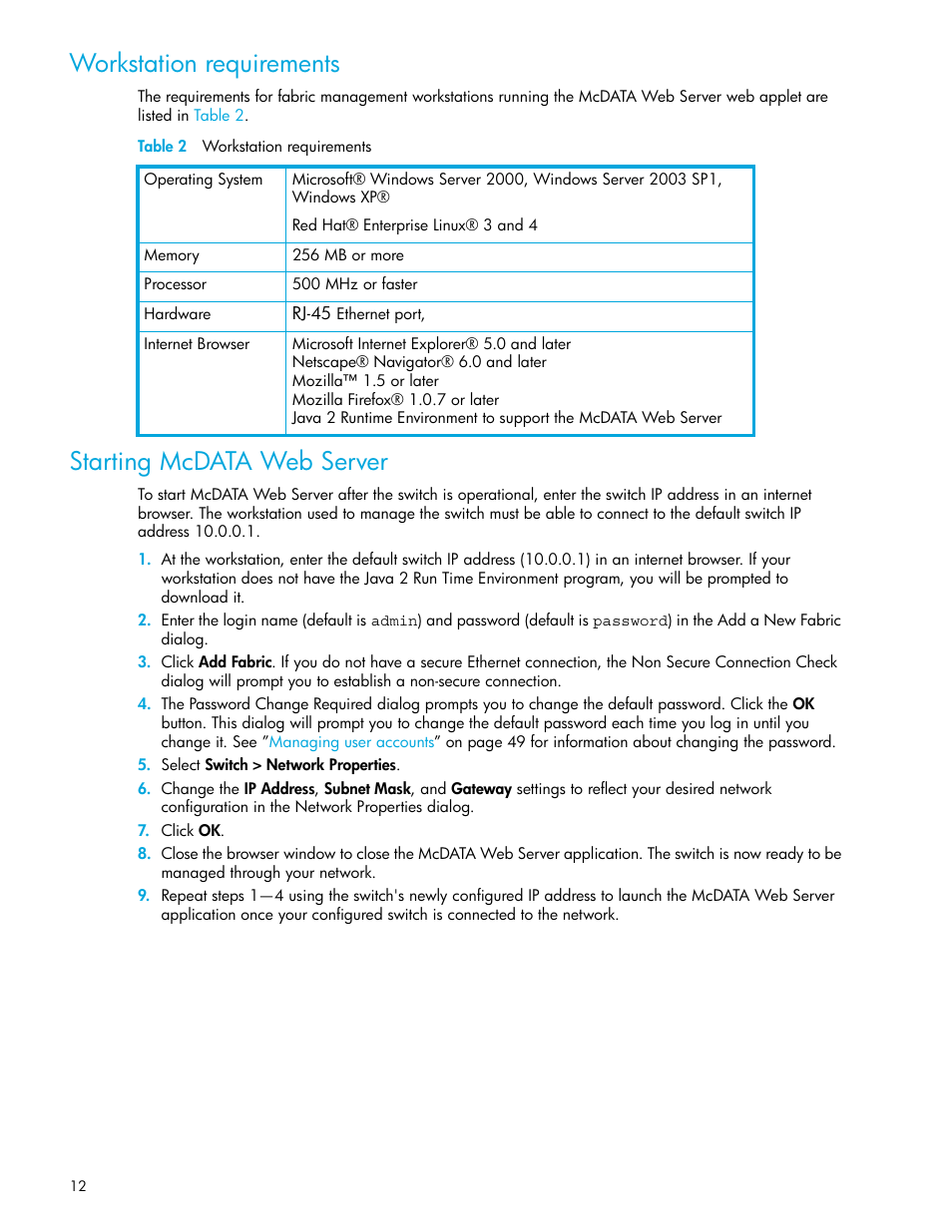 Workstation requirements, Table 2 workstation requirements, Starting mcdata web server | 2 workstation requirements | HP McDATA 4Gb SAN Switch for HP BladeSystem p-Class User Manual | Page 12 / 104