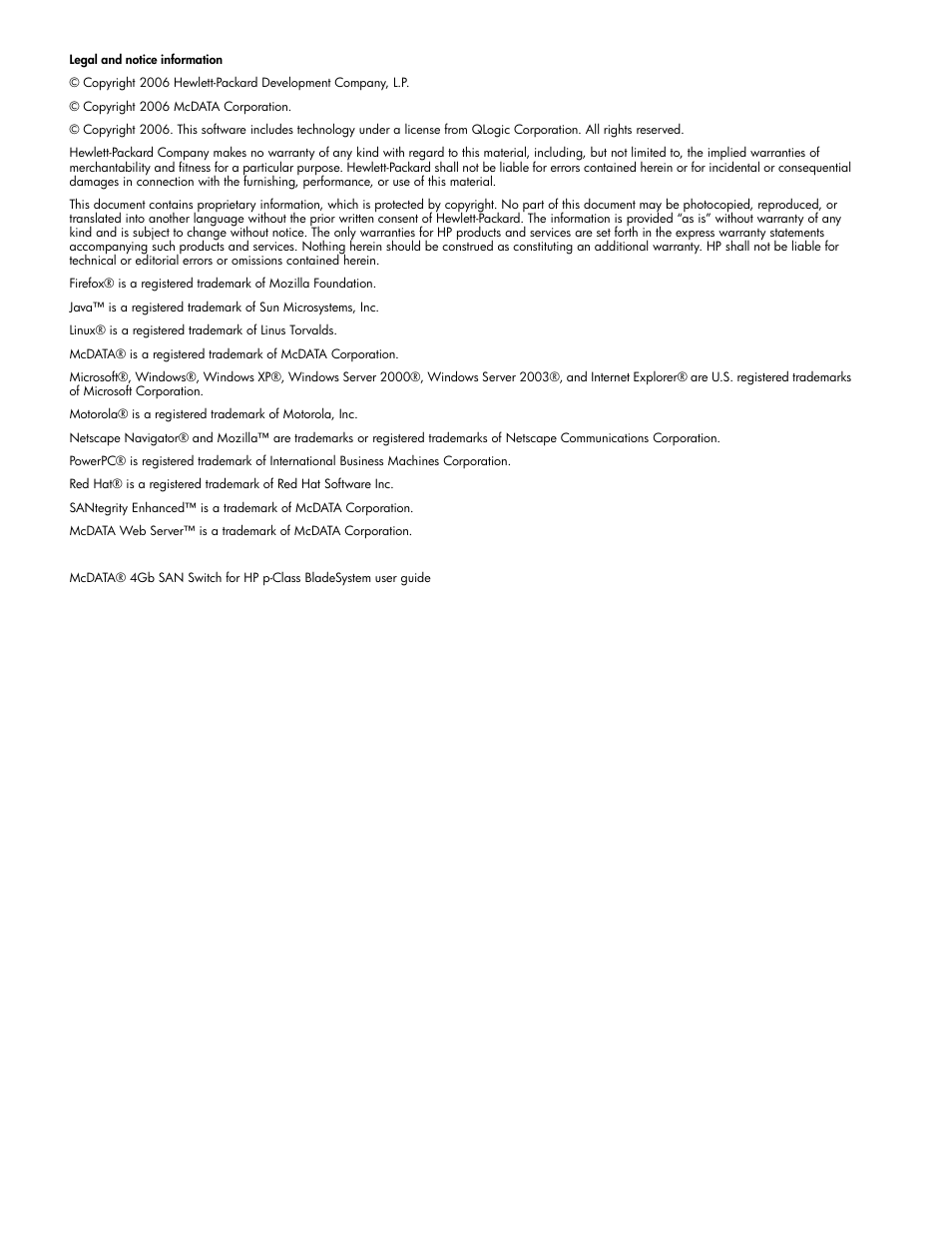 HP McDATA 4Gb SAN Switch for HP BladeSystem p-Class User Manual | Page 2 / 104