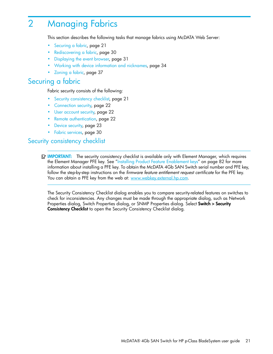 Managing fabrics, Securing a fabric, Security consistency checklist | 2 managing fabrics, 2managing fabrics | HP McDATA 4Gb SAN Switch for HP BladeSystem p-Class User Manual | Page 21 / 104