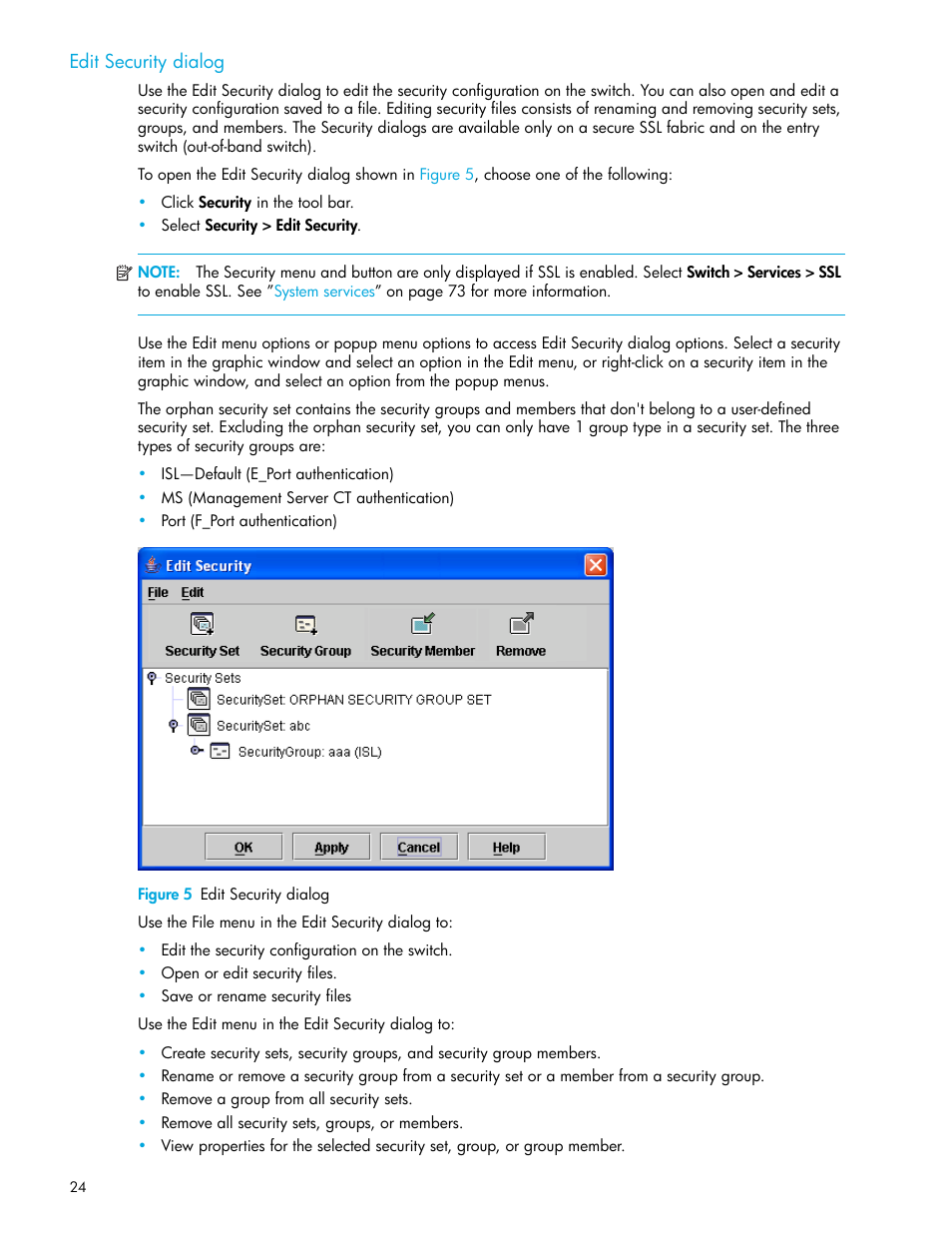 Edit security dialog, Figure 5 edit security dialog, 5 edit security dialog | HP McDATA 4Gb SAN Switch for HP BladeSystem p-Class User Manual | Page 24 / 104