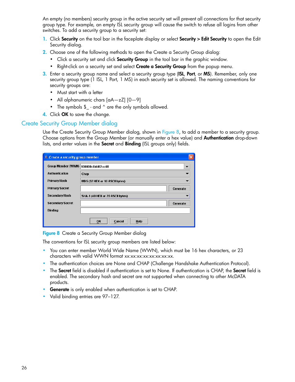 Create security group member dialog, Figure 8 create a security group member dialog, 8 create a security group member dialog | HP McDATA 4Gb SAN Switch for HP BladeSystem p-Class User Manual | Page 26 / 104