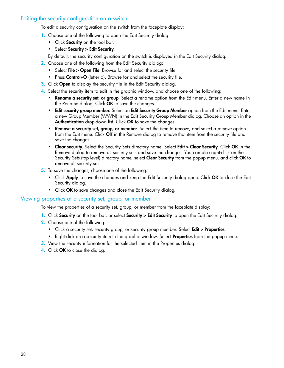 Editing the security configuration on a switch | HP McDATA 4Gb SAN Switch for HP BladeSystem p-Class User Manual | Page 28 / 104