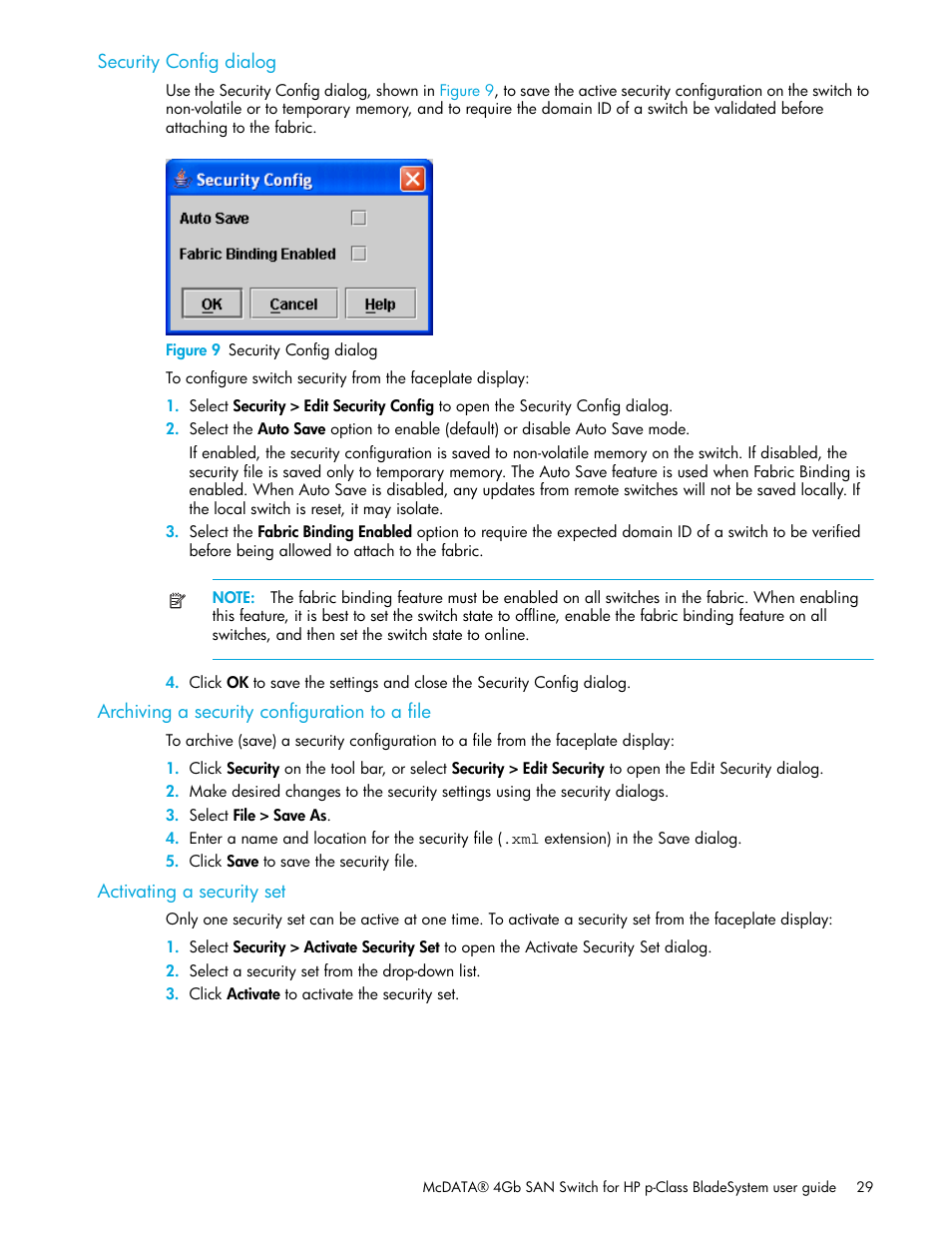 Security config dialog, Figure 9 security config dialog, Archiving a security configuration to a file | Activating a security set, 9 security config dialog | HP McDATA 4Gb SAN Switch for HP BladeSystem p-Class User Manual | Page 29 / 104