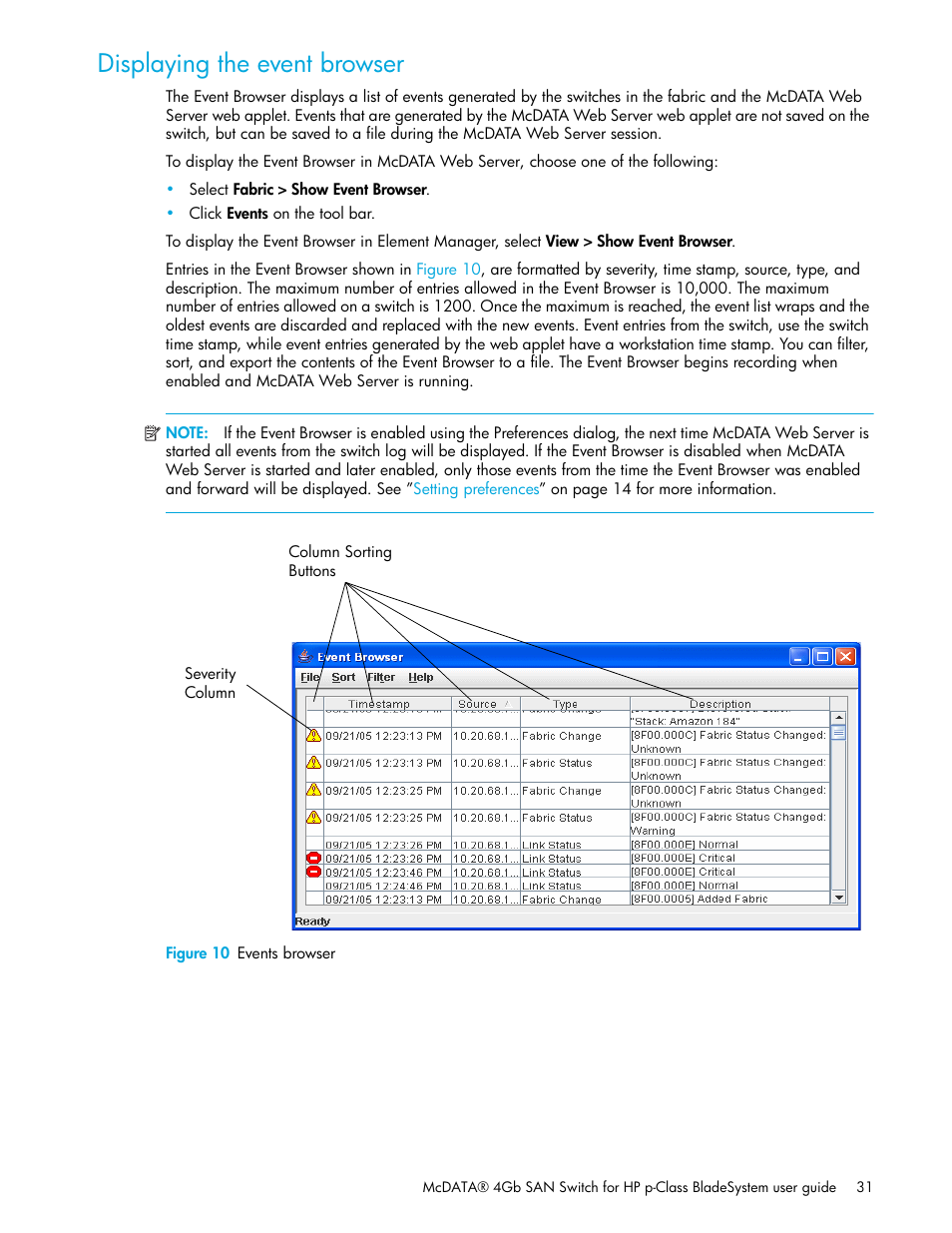 Displaying the event browser, Figure 10 events browser, 10 events browser | HP McDATA 4Gb SAN Switch for HP BladeSystem p-Class User Manual | Page 31 / 104