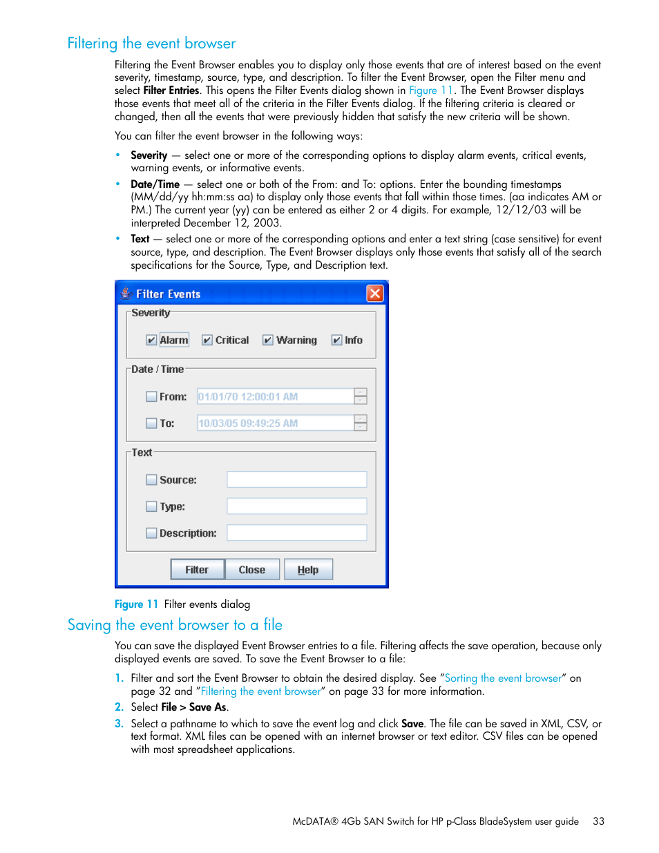 Filtering the event browser, Figure 11 filter events dialog, Saving the event browser to a file | 11 filter events dialog | HP McDATA 4Gb SAN Switch for HP BladeSystem p-Class User Manual | Page 33 / 104
