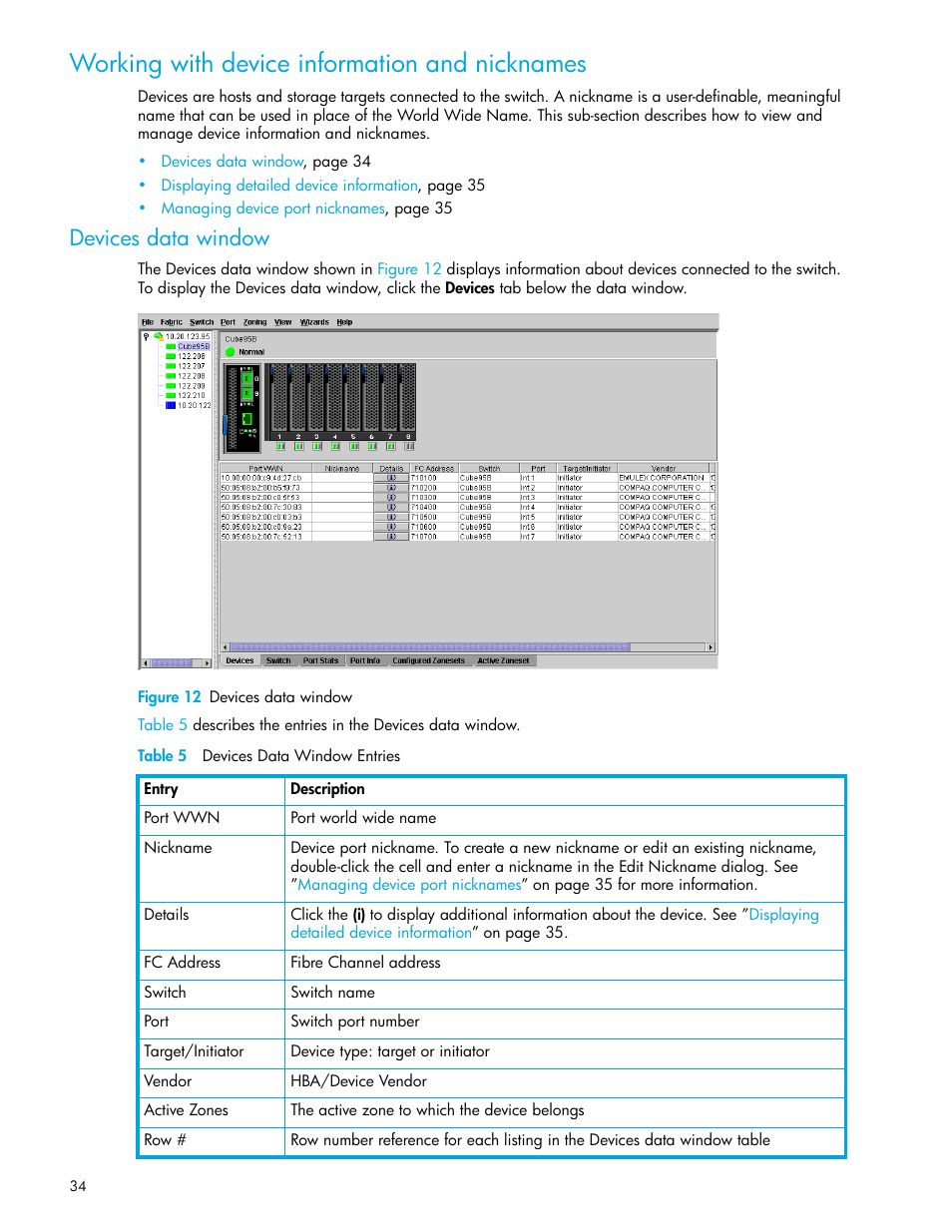 Working with device information and nicknames, Devices data window, Figure 12 devices data window | Table 5 devices data window entries, 12 devices data window, 5 devices data window entries | HP McDATA 4Gb SAN Switch for HP BladeSystem p-Class User Manual | Page 34 / 104