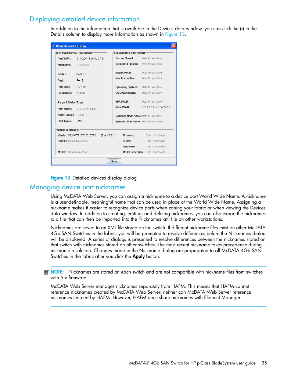 Displaying detailed device information, Figure 13 detailed devices display dialog, Managing device port nicknames | 13 detailed devices display dialog, Displaying, Detailed device information | HP McDATA 4Gb SAN Switch for HP BladeSystem p-Class User Manual | Page 35 / 104