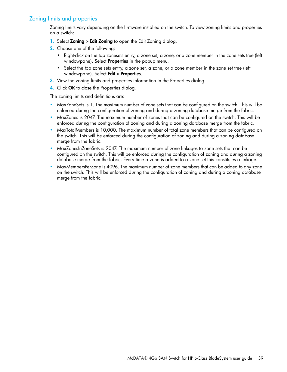 Zoning limits and properties | HP McDATA 4Gb SAN Switch for HP BladeSystem p-Class User Manual | Page 39 / 104