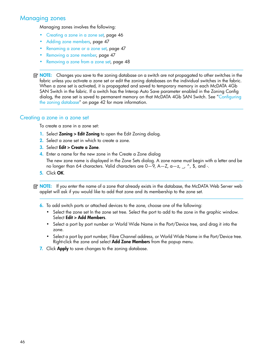 Managing zones, Creating a zone in a zone set | HP McDATA 4Gb SAN Switch for HP BladeSystem p-Class User Manual | Page 46 / 104