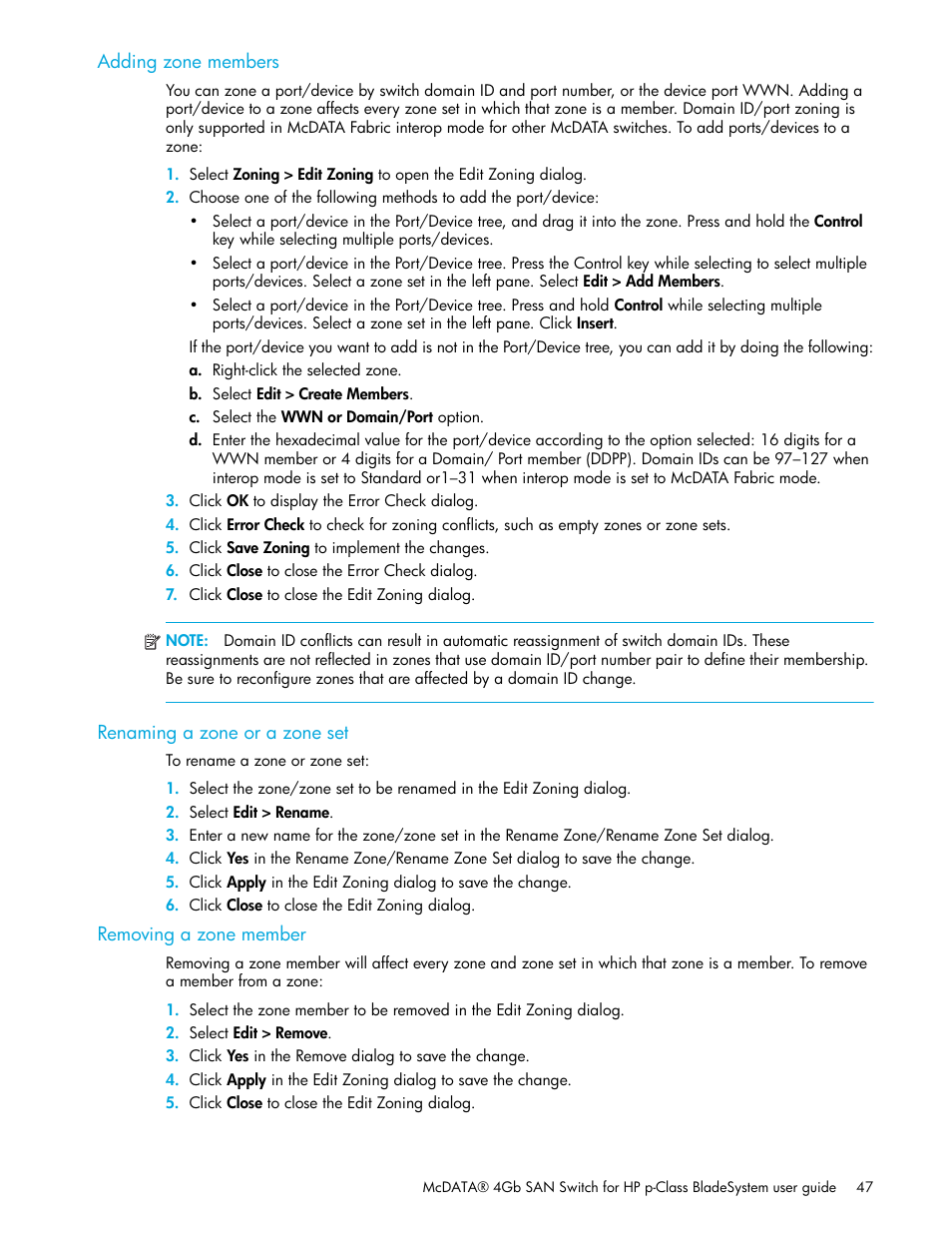 Adding zone members, Renaming a zone or a zone set, Removing a zone member | HP McDATA 4Gb SAN Switch for HP BladeSystem p-Class User Manual | Page 47 / 104