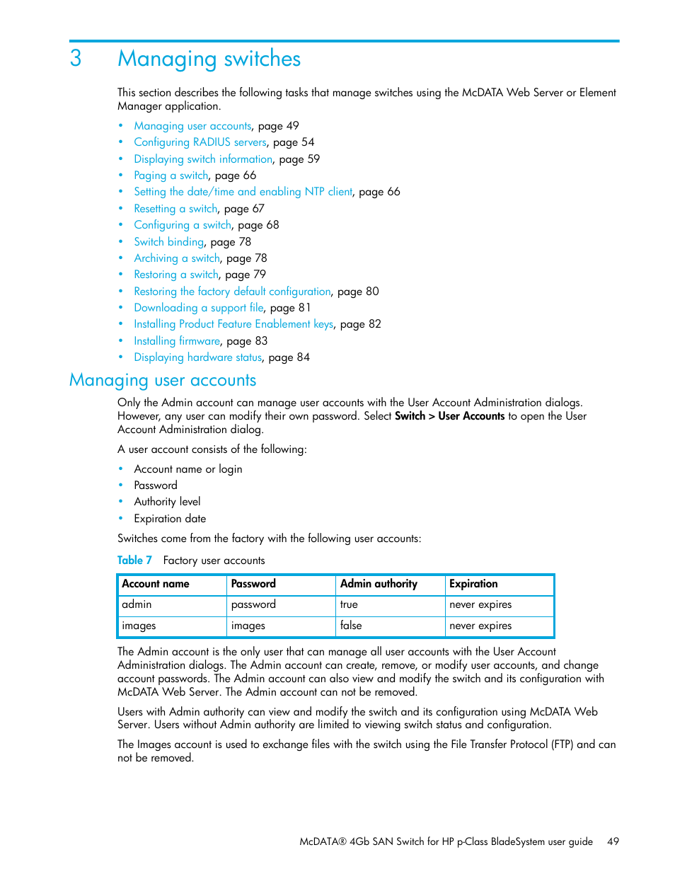 Managing switches, Managing user accounts, Table 7 factory user accounts | 3 managing switches, 7 factory user accounts, 3managing switches | HP McDATA 4Gb SAN Switch for HP BladeSystem p-Class User Manual | Page 49 / 104