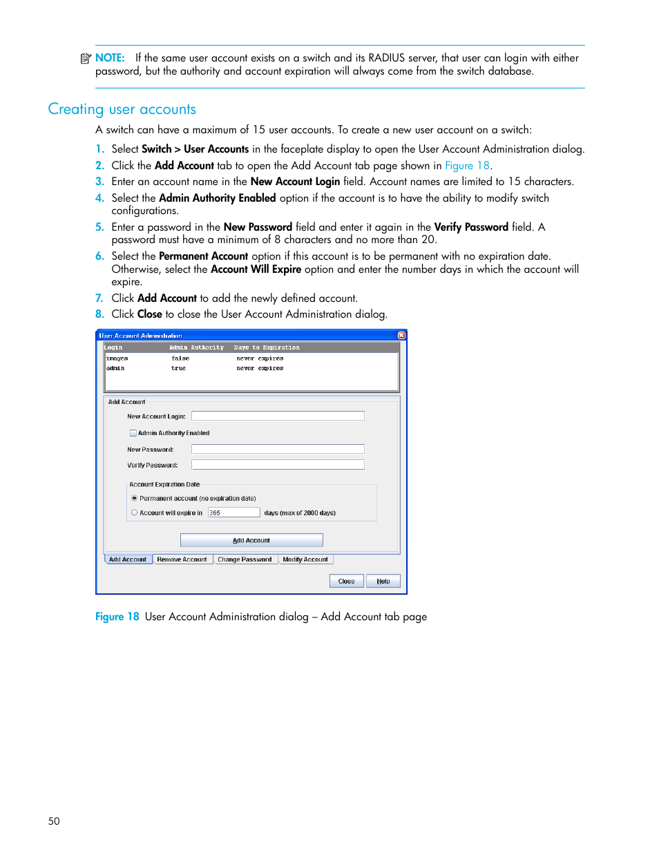 Creating user accounts | HP McDATA 4Gb SAN Switch for HP BladeSystem p-Class User Manual | Page 50 / 104