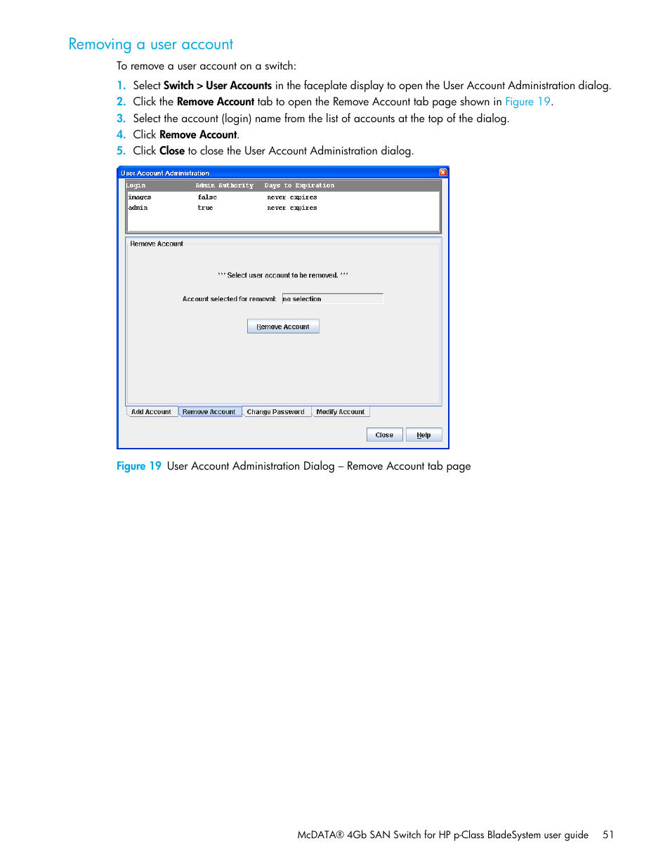 Removing a user account | HP McDATA 4Gb SAN Switch for HP BladeSystem p-Class User Manual | Page 51 / 104