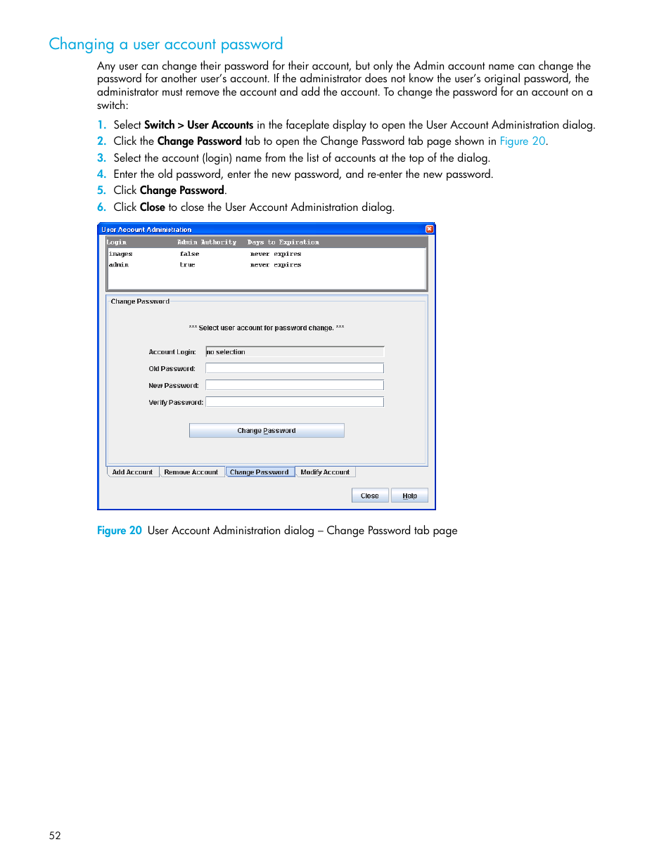 Changing a user account password | HP McDATA 4Gb SAN Switch for HP BladeSystem p-Class User Manual | Page 52 / 104