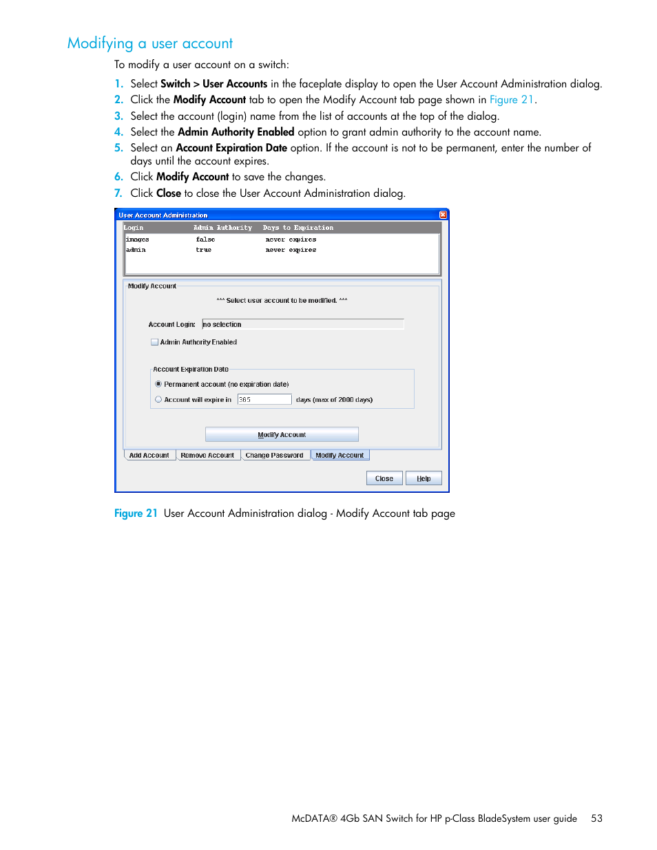 Modifying a user account | HP McDATA 4Gb SAN Switch for HP BladeSystem p-Class User Manual | Page 53 / 104
