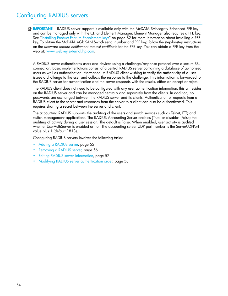 Configuring radius servers | HP McDATA 4Gb SAN Switch for HP BladeSystem p-Class User Manual | Page 54 / 104