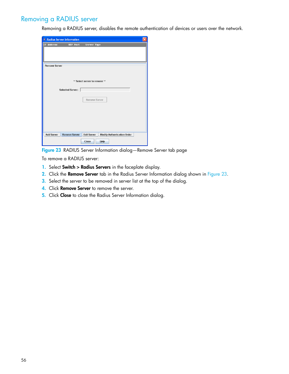 Removing a radius server | HP McDATA 4Gb SAN Switch for HP BladeSystem p-Class User Manual | Page 56 / 104