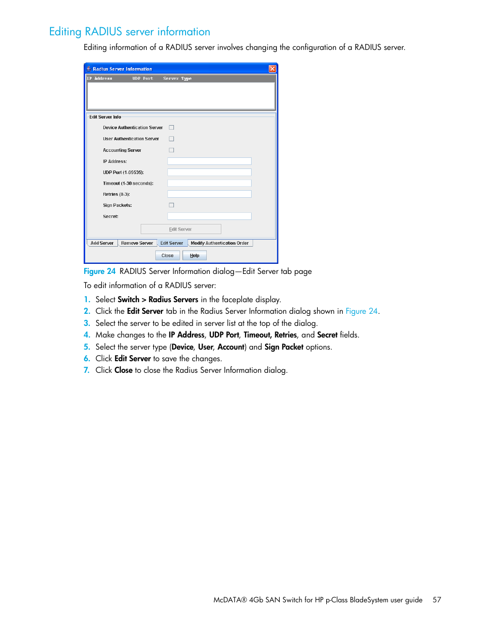 Editing radius server information | HP McDATA 4Gb SAN Switch for HP BladeSystem p-Class User Manual | Page 57 / 104