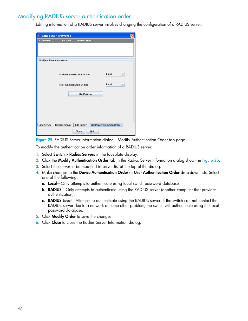 Modifying radius server authentication order, Modifying radius server, Authentication order | HP McDATA 4Gb SAN Switch for HP BladeSystem p-Class User Manual | Page 58 / 104