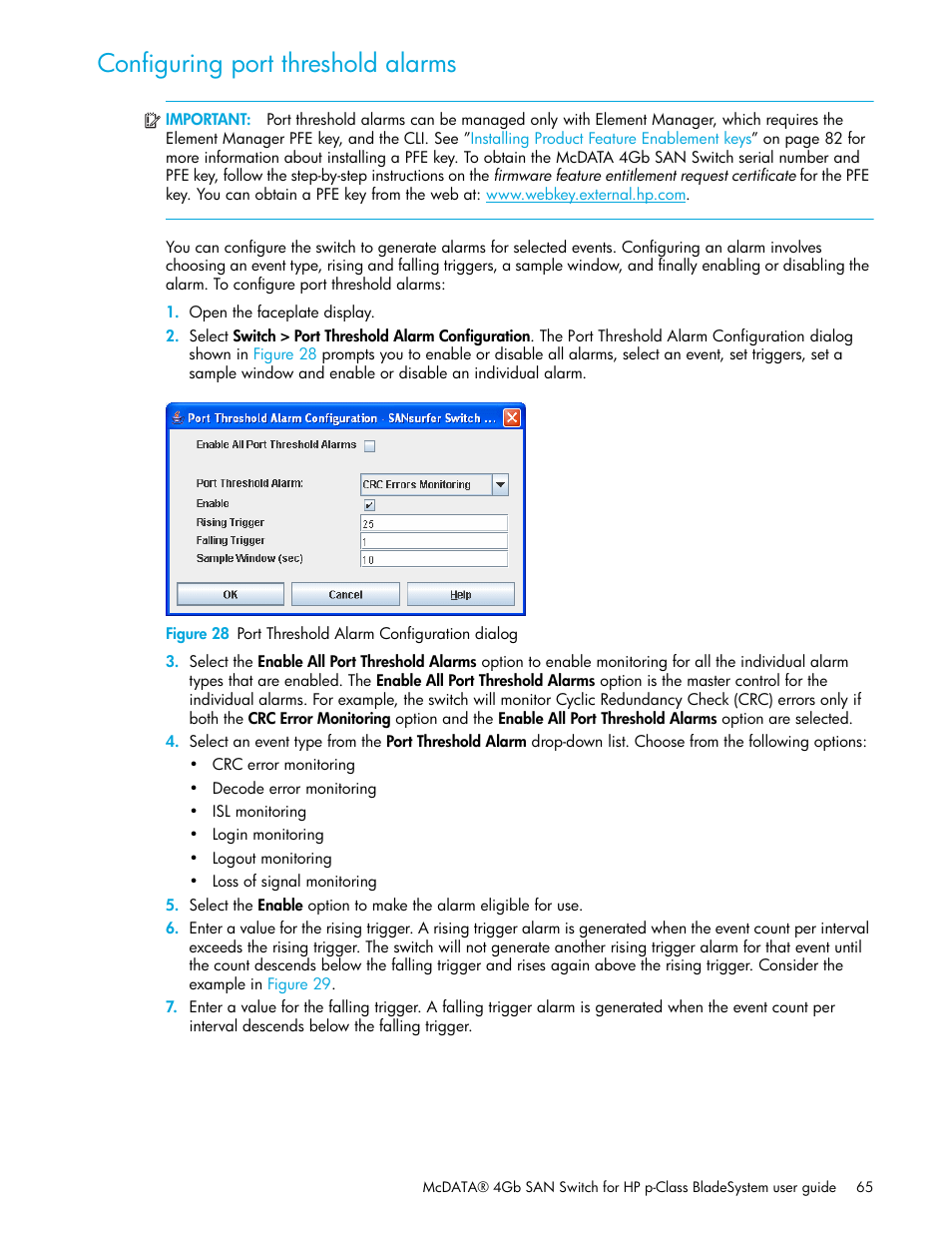 Configuring port threshold alarms, 28 port threshold alarm configuration dialog | HP McDATA 4Gb SAN Switch for HP BladeSystem p-Class User Manual | Page 65 / 104