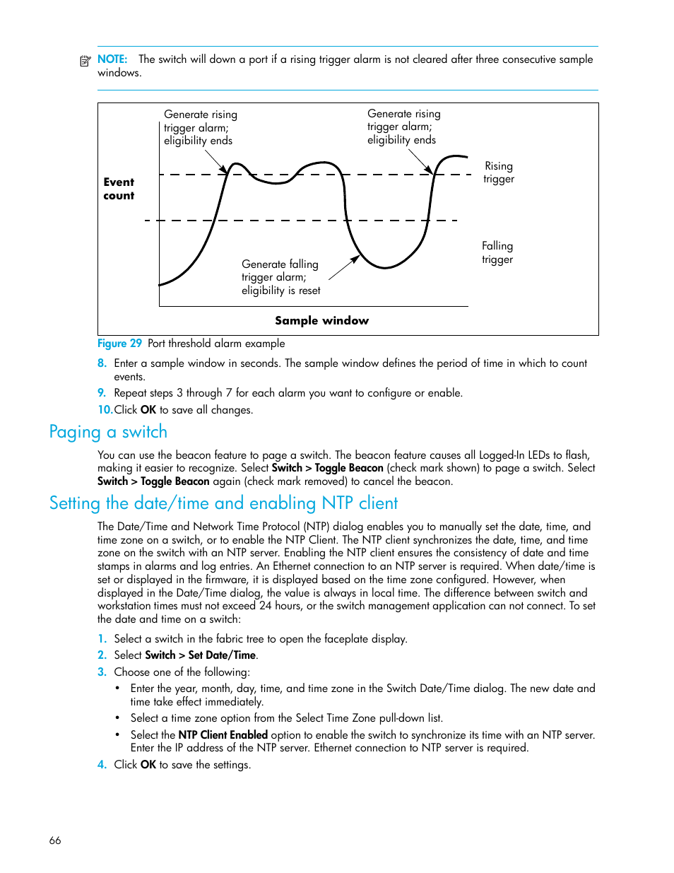 Figure 29 port threshold alarm example, Paging a switch, Setting the date/time and enabling ntp client | 29 port threshold alarm example, Figure 29 | HP McDATA 4Gb SAN Switch for HP BladeSystem p-Class User Manual | Page 66 / 104