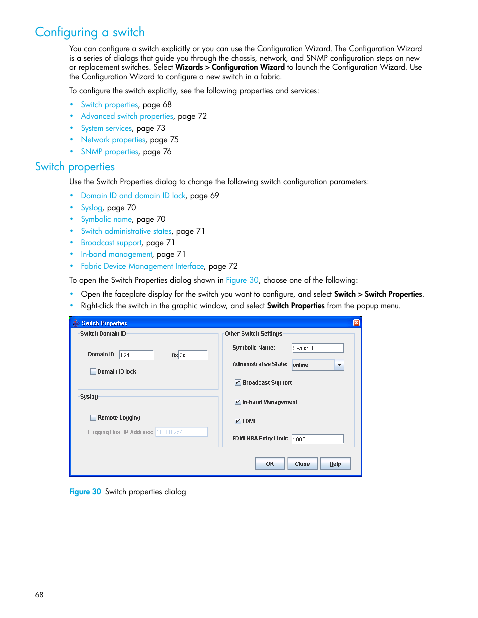 Configuring a switch, Switch properties, Figure 30 switch properties dialog | 30 switch properties dialog | HP McDATA 4Gb SAN Switch for HP BladeSystem p-Class User Manual | Page 68 / 104